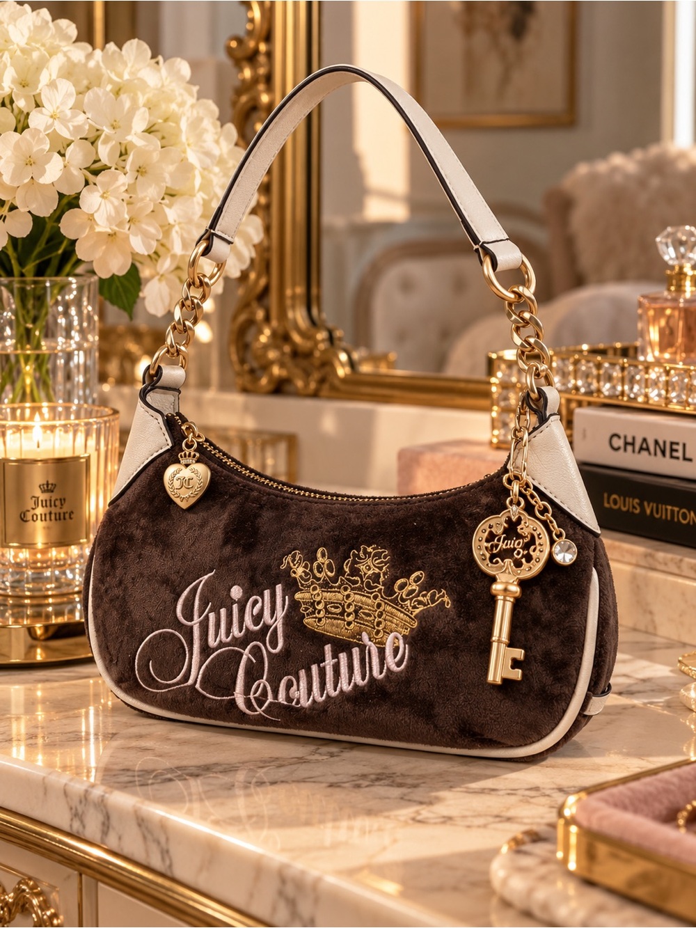 Juicy Couture Brown Velour Crown Shoulder Bag Key Charms Y2K